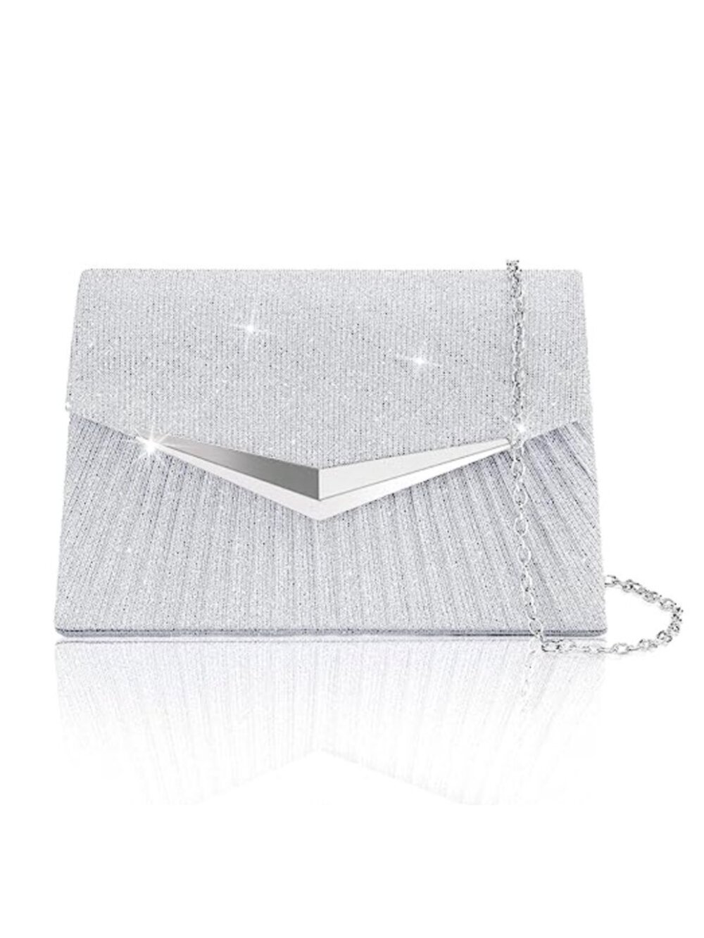 Sparkly Pleated Evening Clutch with Detachable Metal Chain for Wedding Formal
